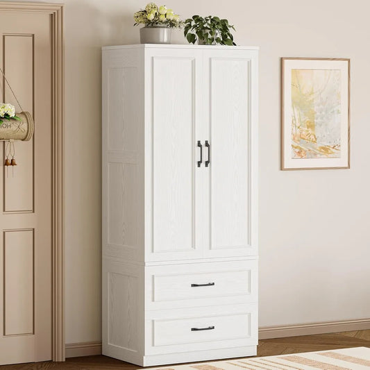 White Wooden Armoire Wardrobe With 2 Doors And 2 Drawers