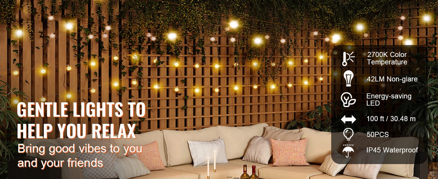 SucceBuy LED Outdoor String Lights 2700K Dimmable Outside Patio Waterproof Hanging Lights for Porch Backyard Garden Balcony