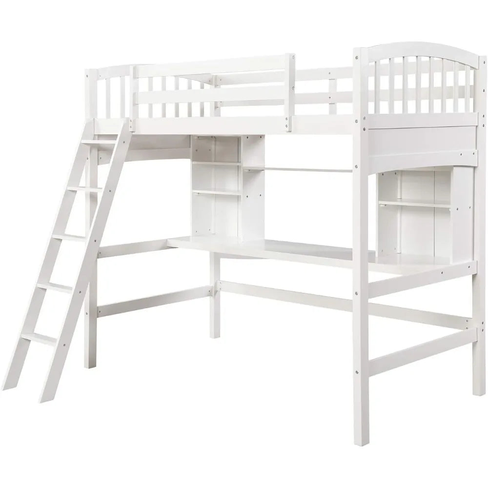 white twin size solid wood loft bed with desk and shelves - bedroom furniture by harper & bright designs