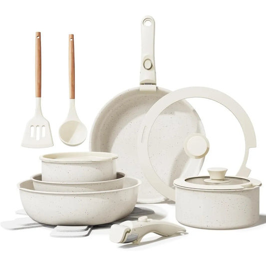 17-Piece Healthy Ceramic Nonstick Cookware Set with Removable Handles, Suitable for Induction and RV Kitchen Use, Stain Resistan