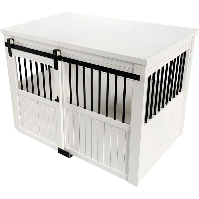 ECOFLEX® Homestead Sliding Barn Door Furniture Style Dog Crate - Antique White, Large (EHDBC15-04L) - Stylish, Dura