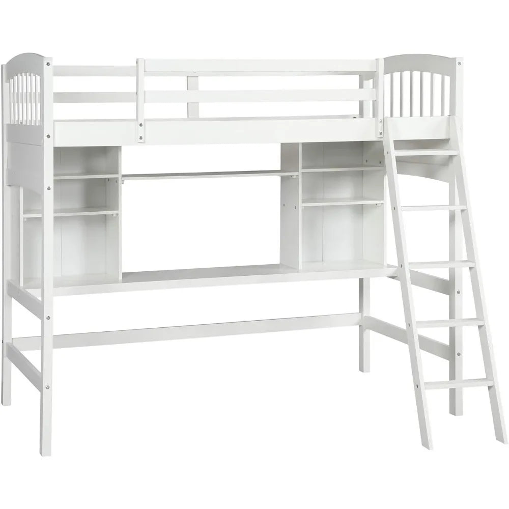 white twin size solid wood loft bed with desk and shelves - bedroom furniture by harper & bright designs