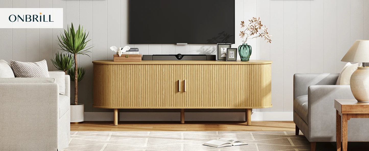 Walnut TV Stand With Power Outlet And Sliding Doors