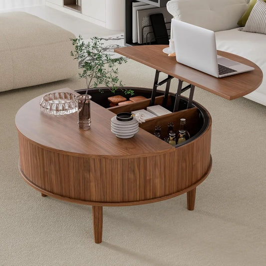 Round Fluted Lift Top Coffee Table with Storage, Mid Century Modern Coffee Table for Living Room