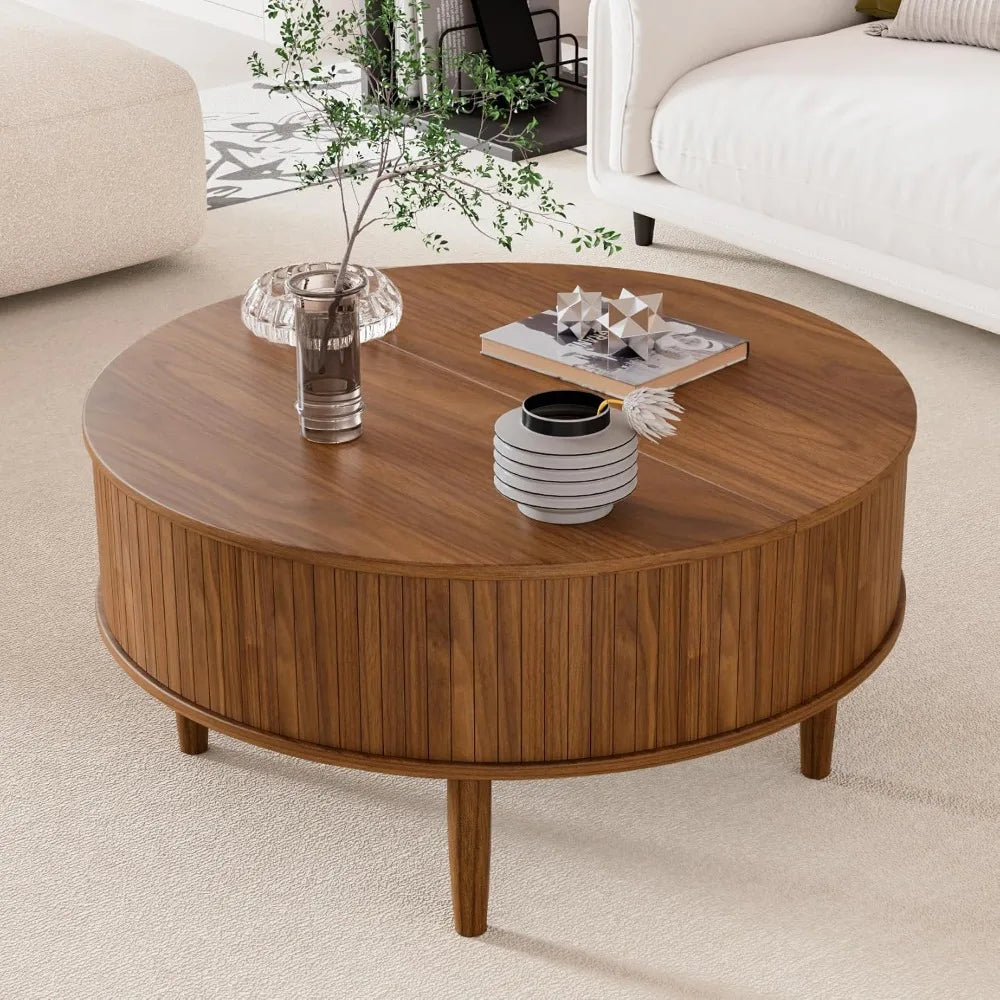 Round Fluted Lift Top Coffee Table with Storage, Mid Century Modern Coffee Table for Living Room