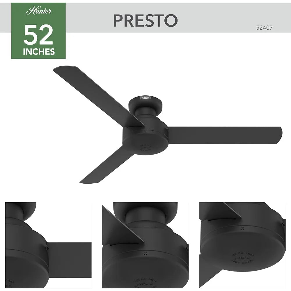 Matte Black 52-inch Casual Style Indoor Low Profile Ceiling Fan with Wall Control for Bedroom Living Spaces