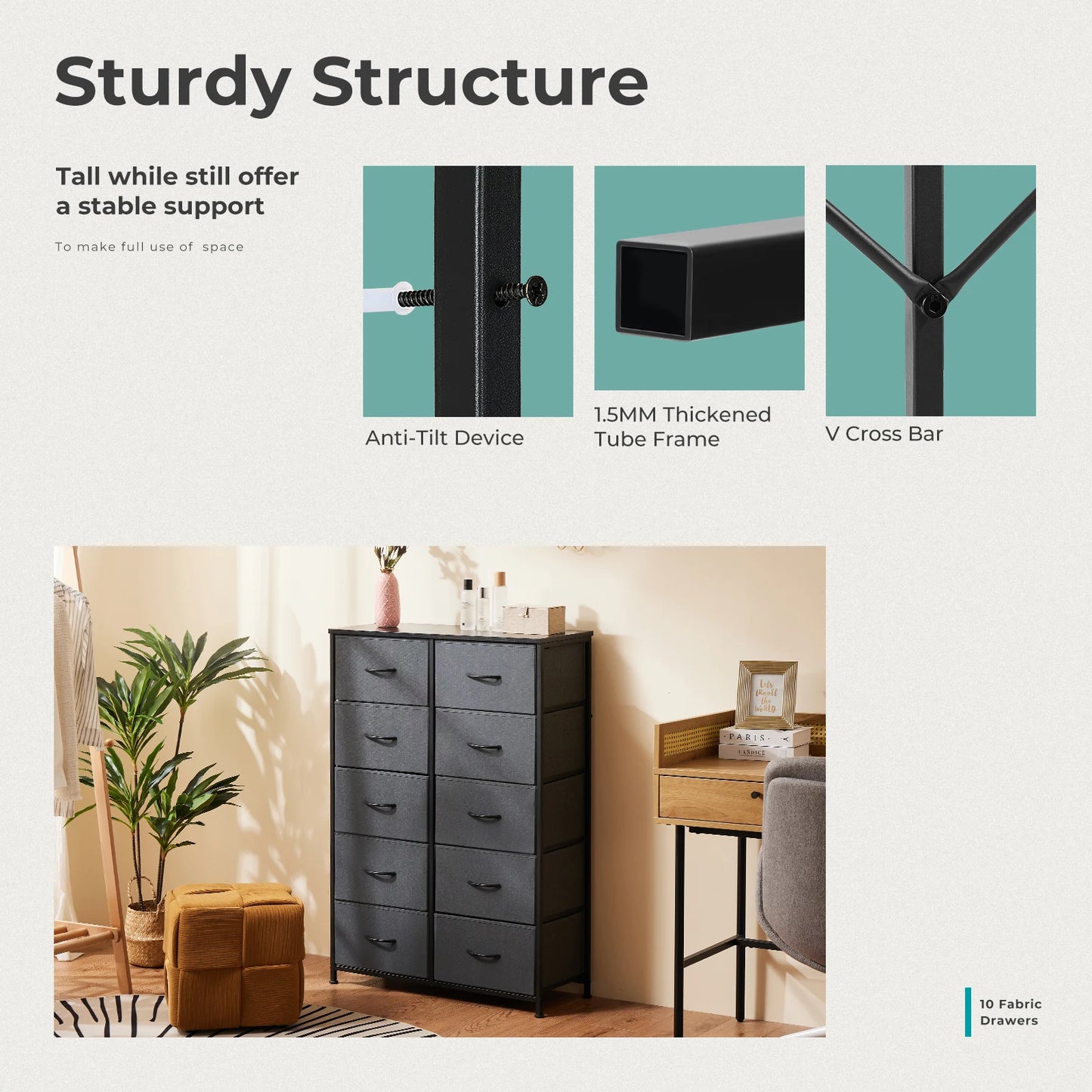 JHK Bedside Table For Bedroom With 10 Fabric Drawers Nightstand Storage Cabinet With Steel Frame