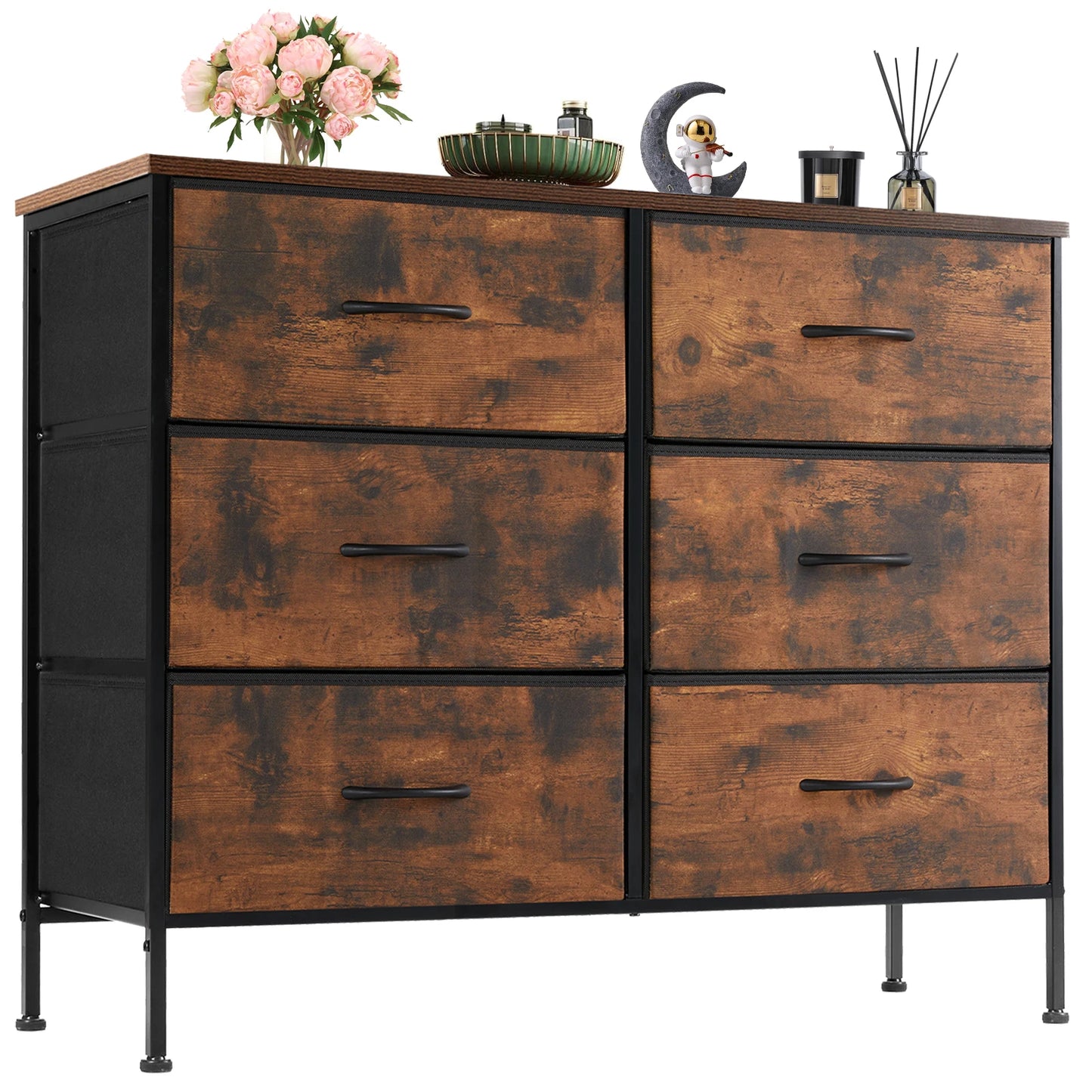 JHK 6 Fabric Drawers Nightstand For Bedroom Bedside Sofa Table With Storage