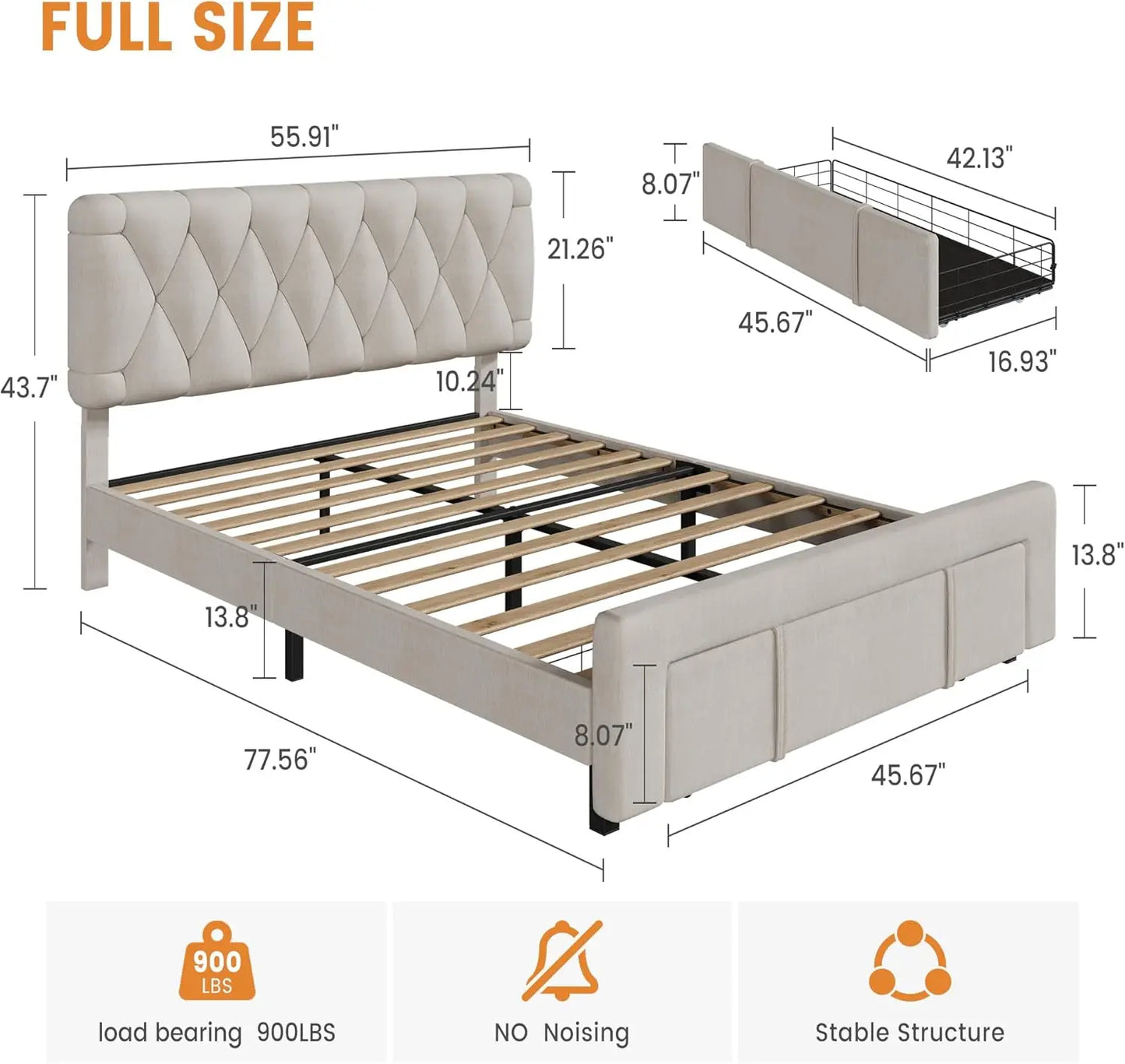 Bed Frame Storage Drawers, Mattress Foundation with Solid Wooden Slats Support, No Box Spring Needed