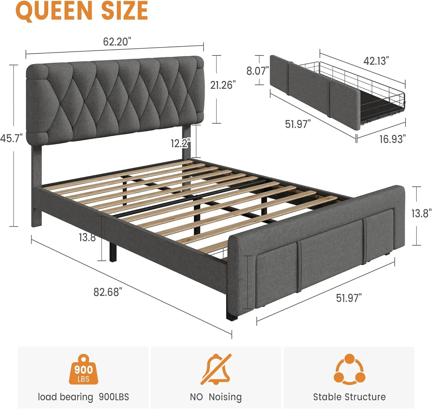 Bed Frame Storage Drawers, Mattress Foundation with Solid Wooden Slats Support, No Box Spring Needed