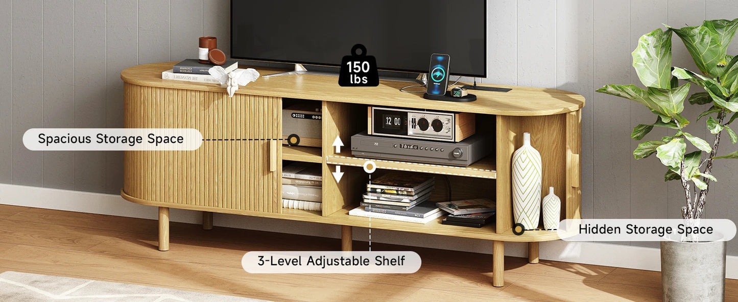 Walnut TV Stand With Power Outlet And Sliding Doors