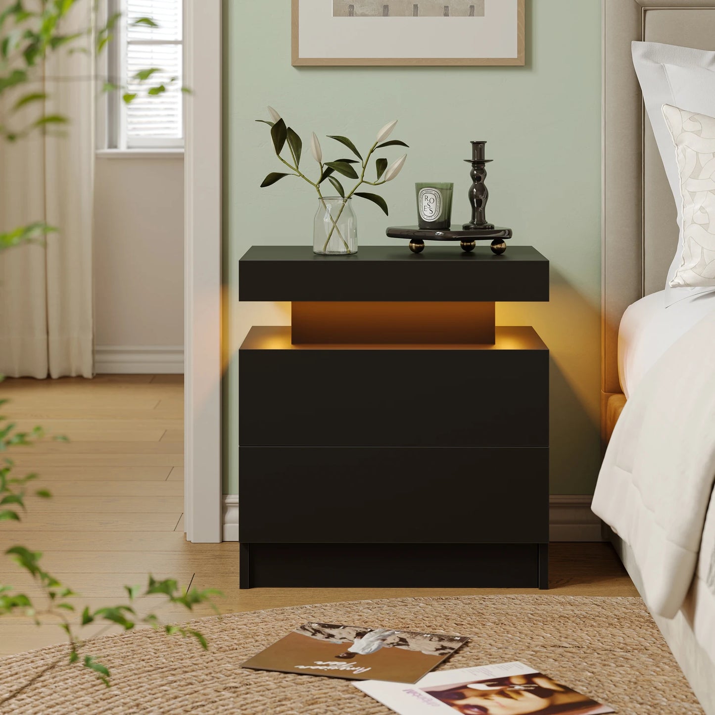 Cubehom LED Nightstands with 2 Drawers, End Table with RGB LED Lights