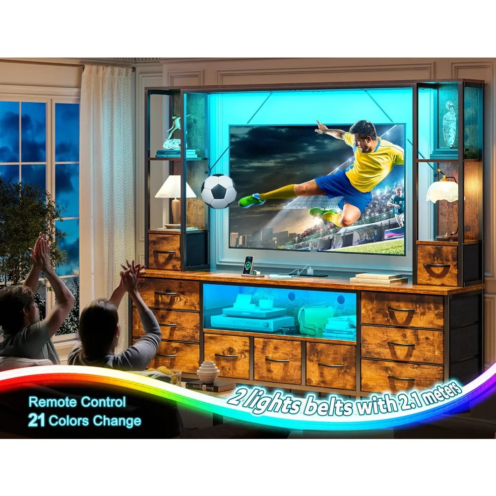 78.6" TV Stand for Living Room, Large Entertainment Center with 11 Fabric Drawers, 2 LED Lights & Power Outlets, Modern