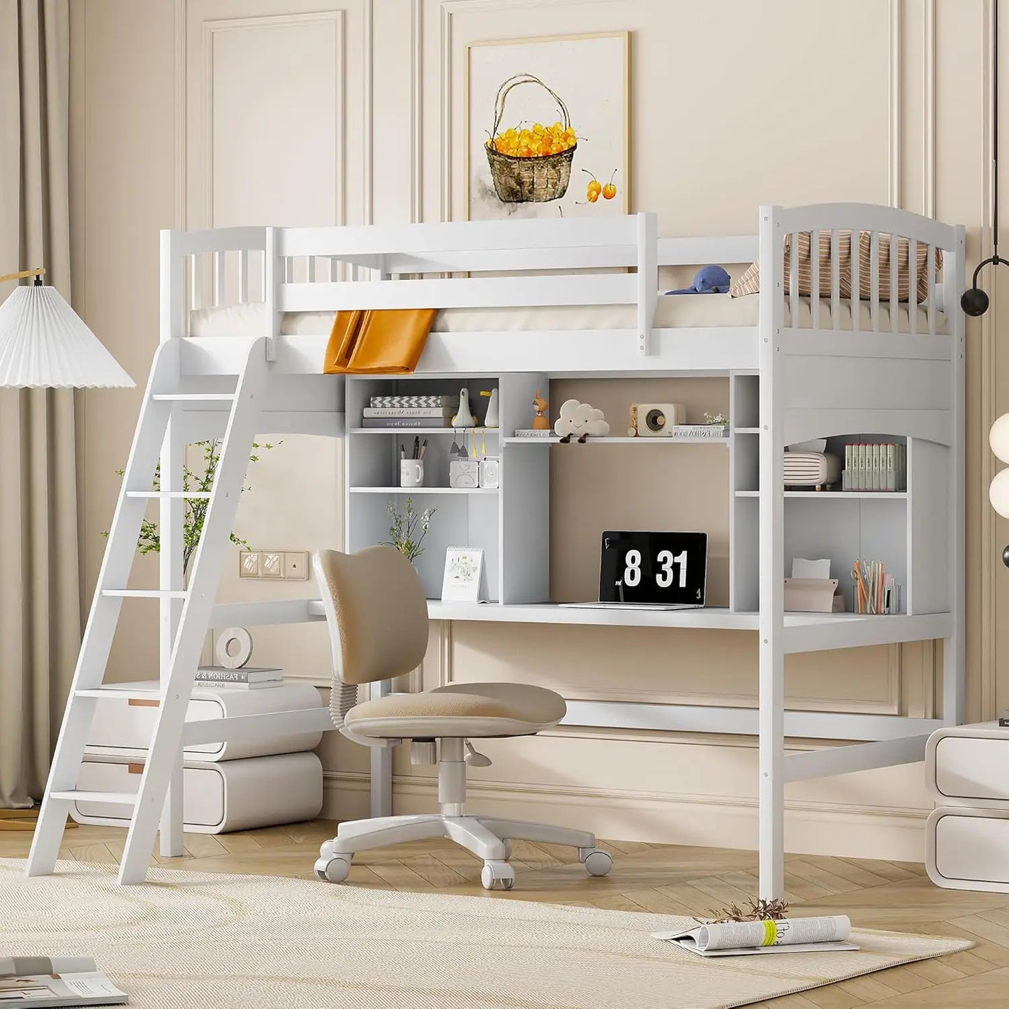 white twin size solid wood loft bed with desk and shelves - bedroom furniture by harper & bright designs