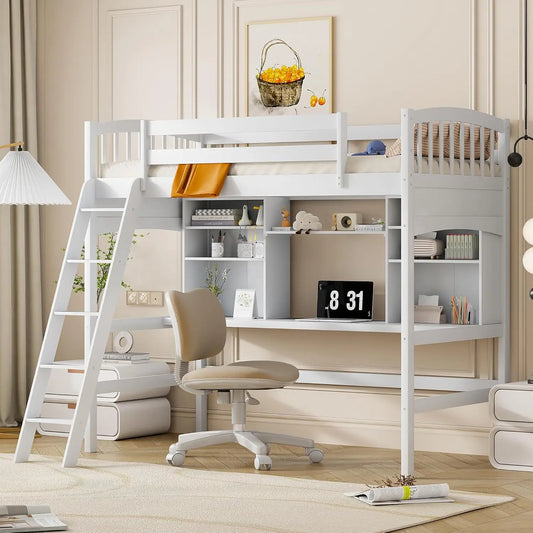 white twin size solid wood loft bed with desk and shelves - bedroom furniture by harper & bright designs