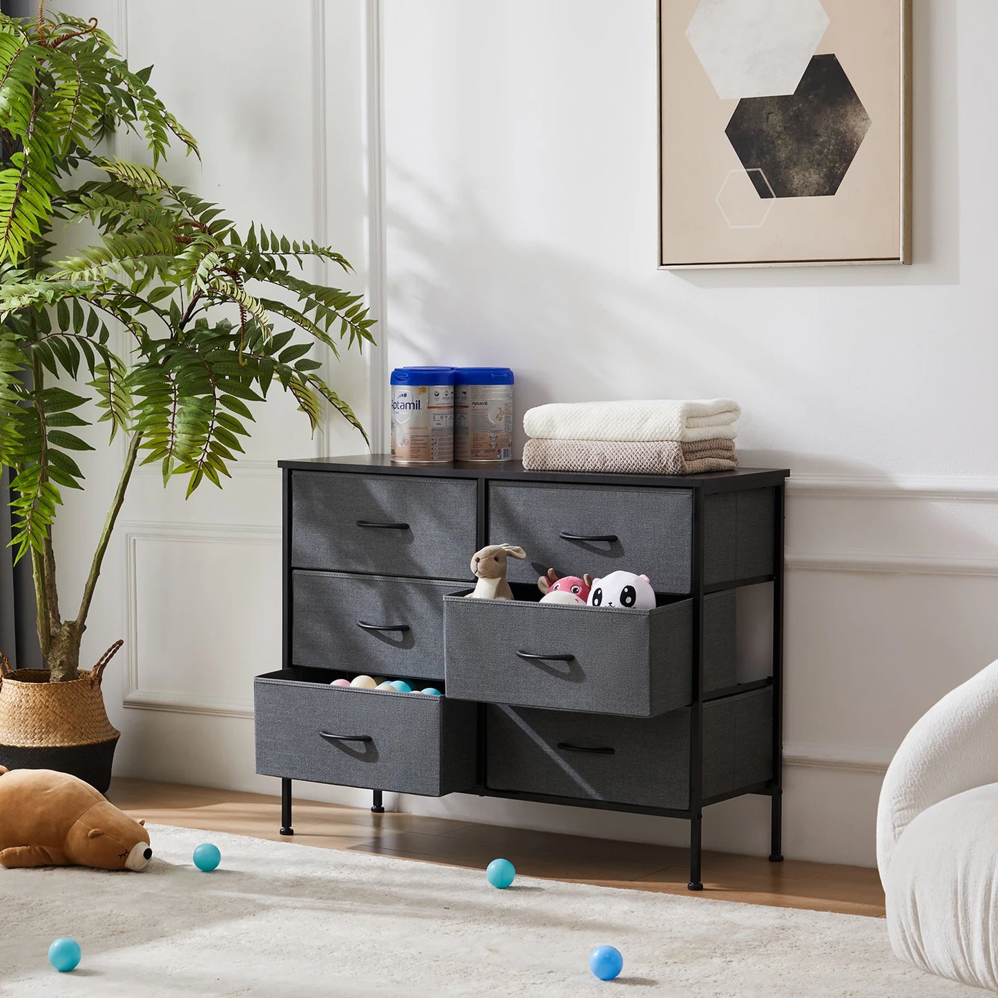 JHK 6 Fabric Drawers Nightstand For Bedroom Bedside Sofa Table With Storage