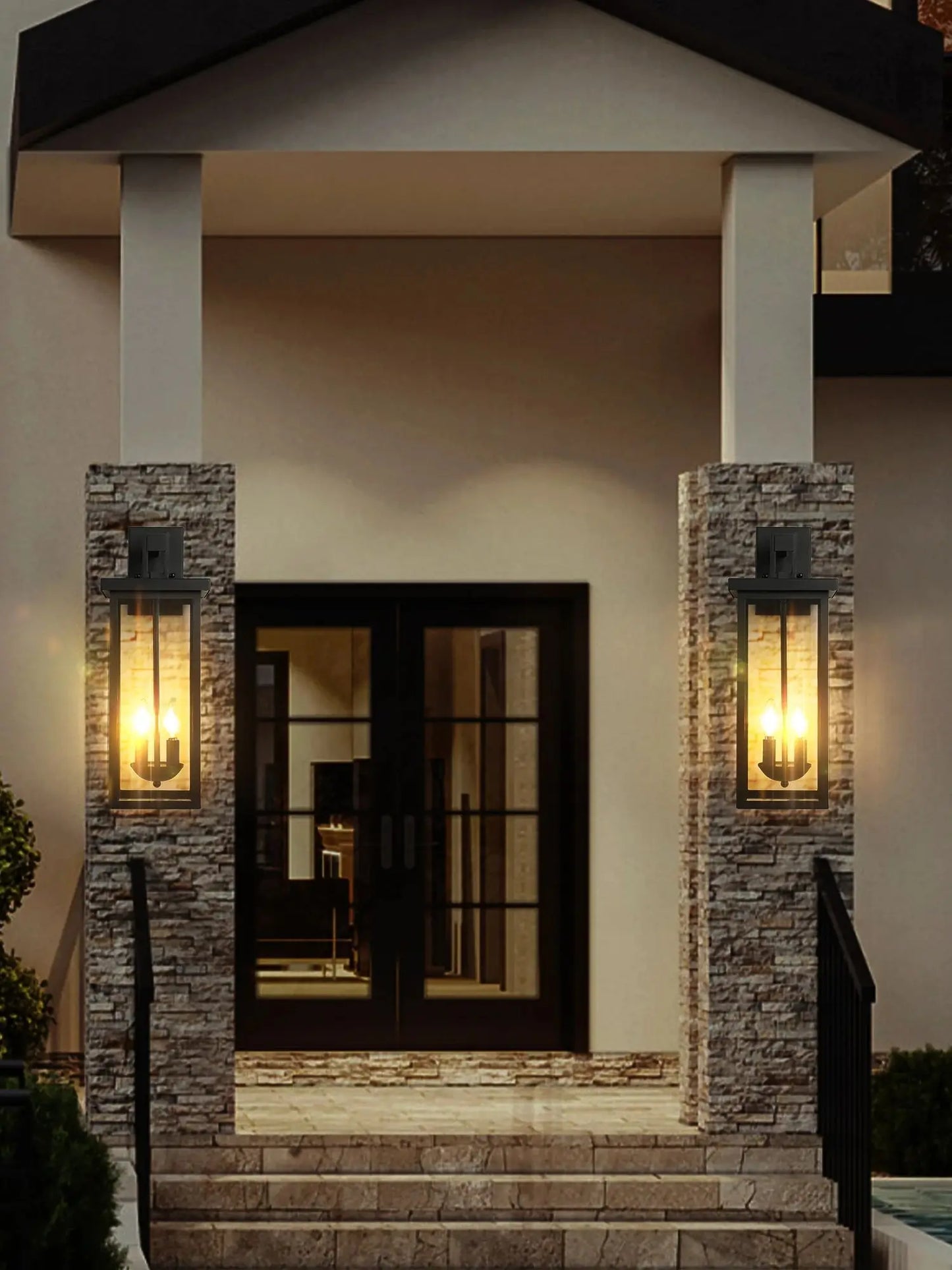 22"(H) Outdoor Wall Lantern with Dusk to Dawn Sensor Matte Black Finish Clear Glass Panels