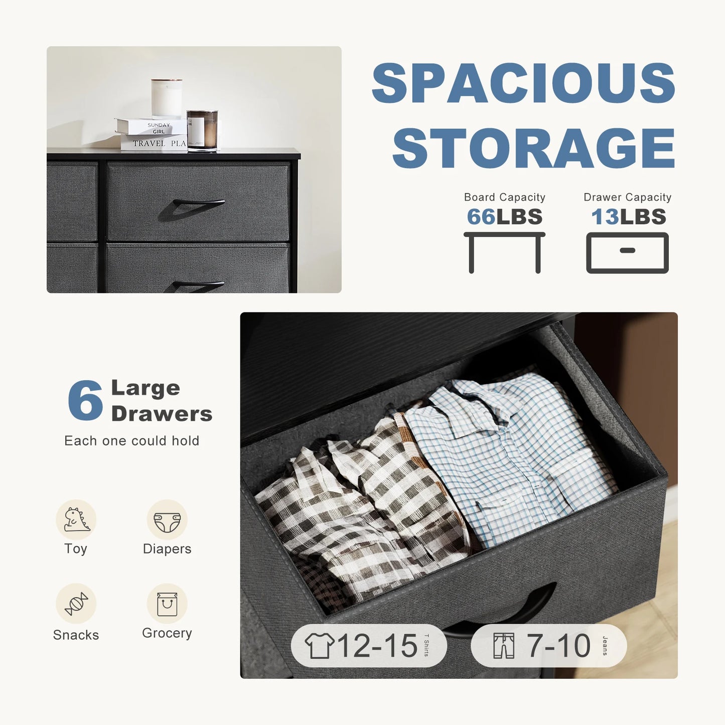 JHK 6 Fabric Drawers Nightstand For Bedroom Bedside Sofa Table With Storage