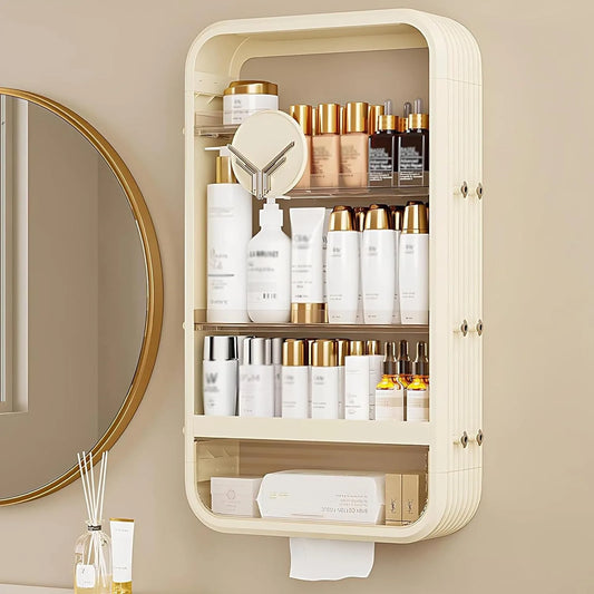 Wall Mount Makeup Organizer, Adhesive Shelf Bathroom Shelves for Wall, Perfume Organizers with Tissue Hole