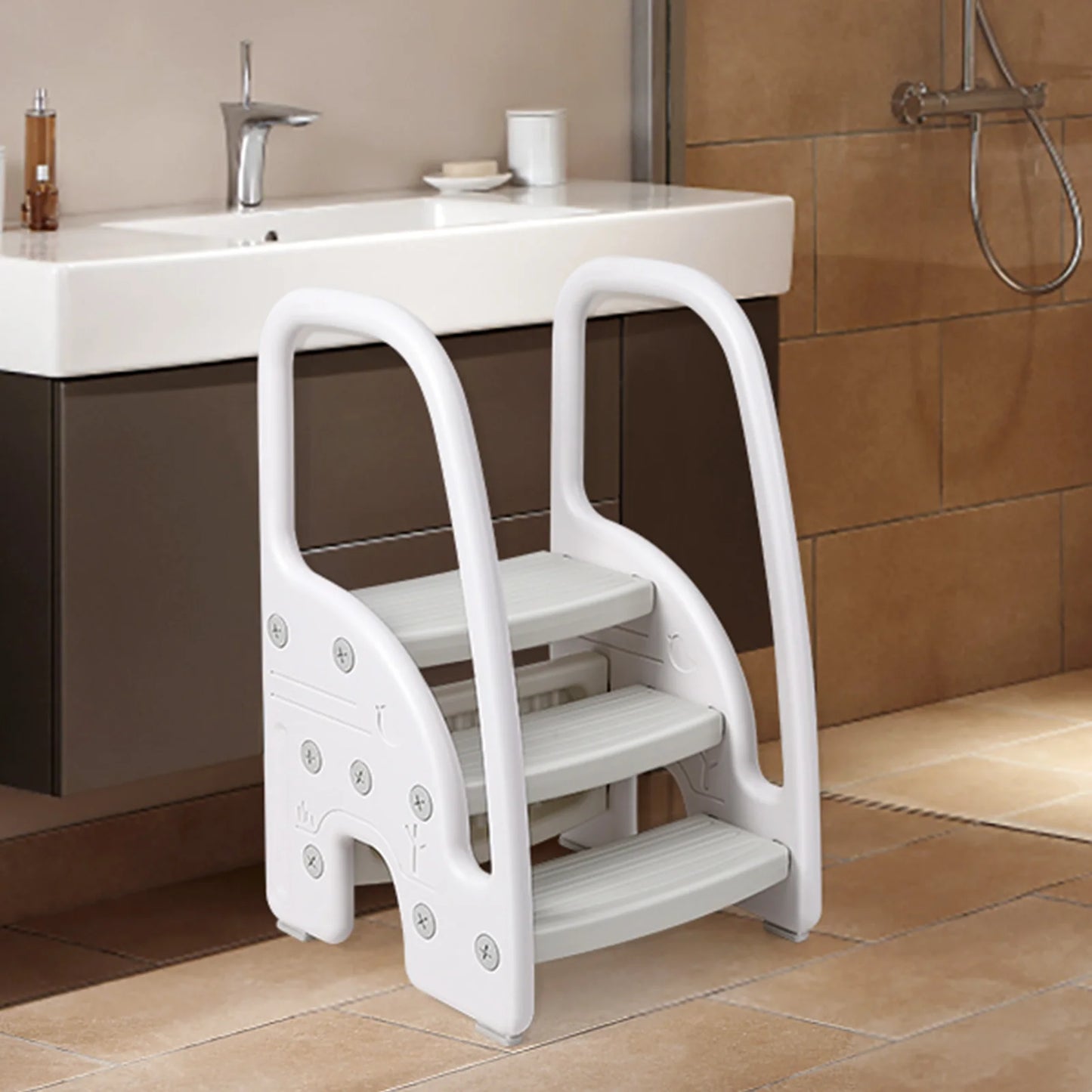 Toddler Step Stool, Kids Step Stool with Handles Sides, Plastic 3 Step Stool for Bathroom Sink, Kitchen Counter,
