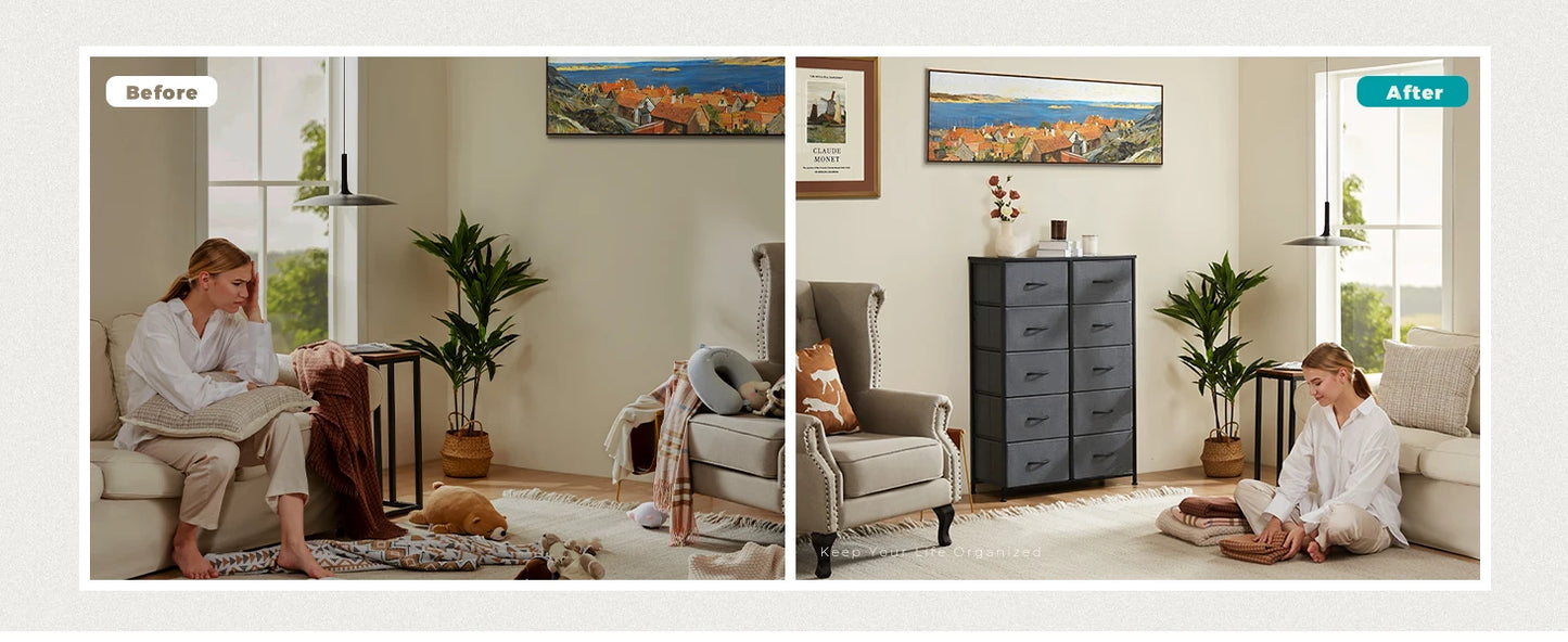 JHK Bedside Table For Bedroom With 10 Fabric Drawers Nightstand Storage Cabinet With Steel Frame