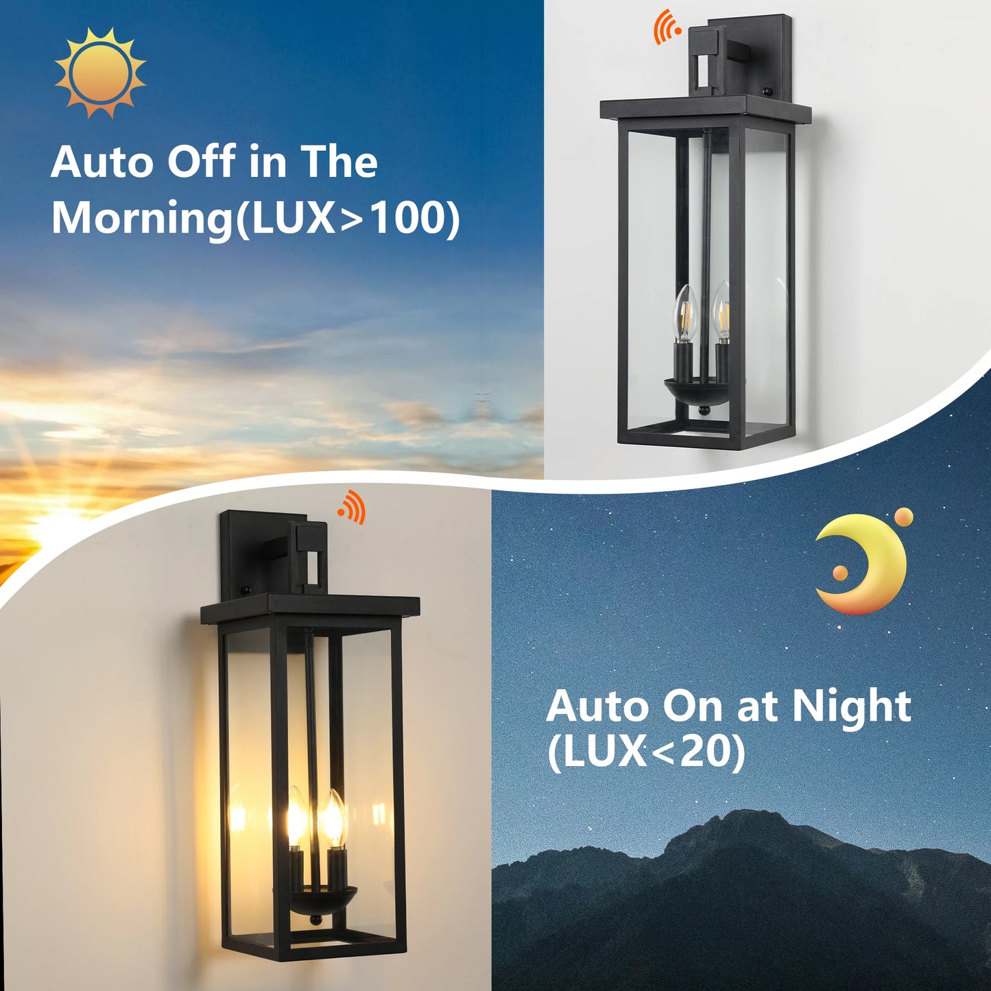 22"(H) Outdoor Wall Lantern with Dusk to Dawn Sensor Matte Black Finish Clear Glass Panels