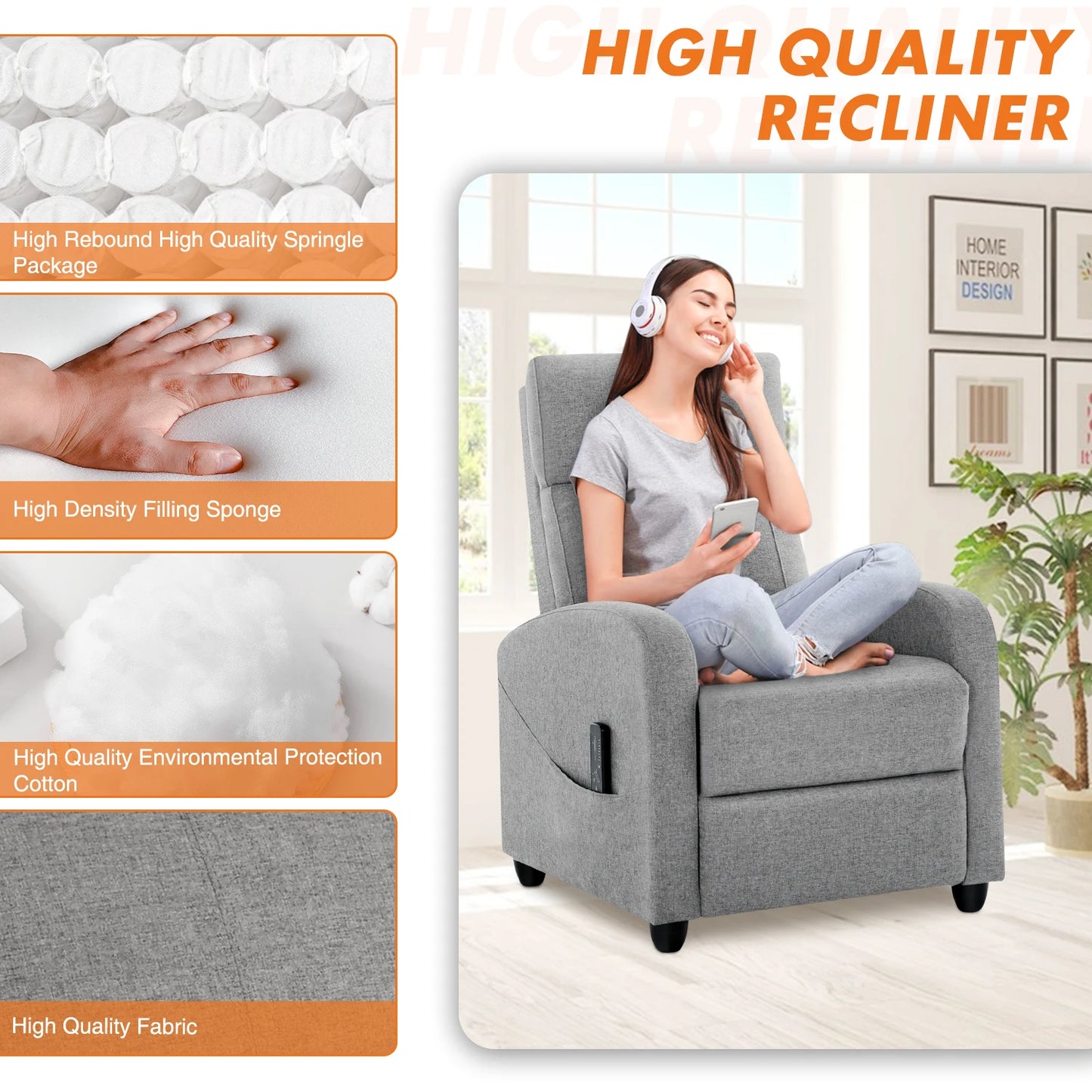 JHK Recliner Chair Massage Sofa Lumbar Support Grey