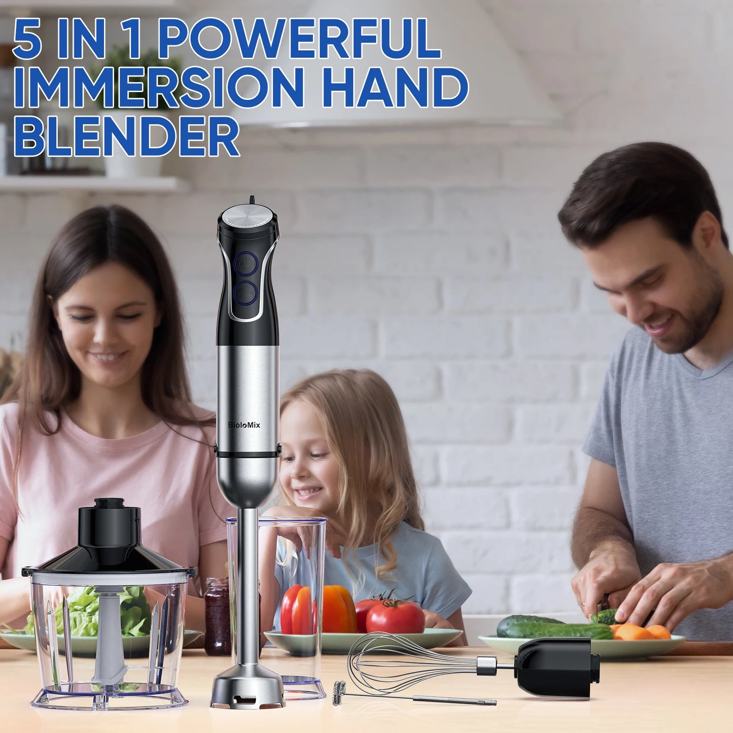 BioloMix 5 in 1 Immersion Hand Blender,1500W Blender with 304 Stainless Steel Blade, Food Processor, Smoothies