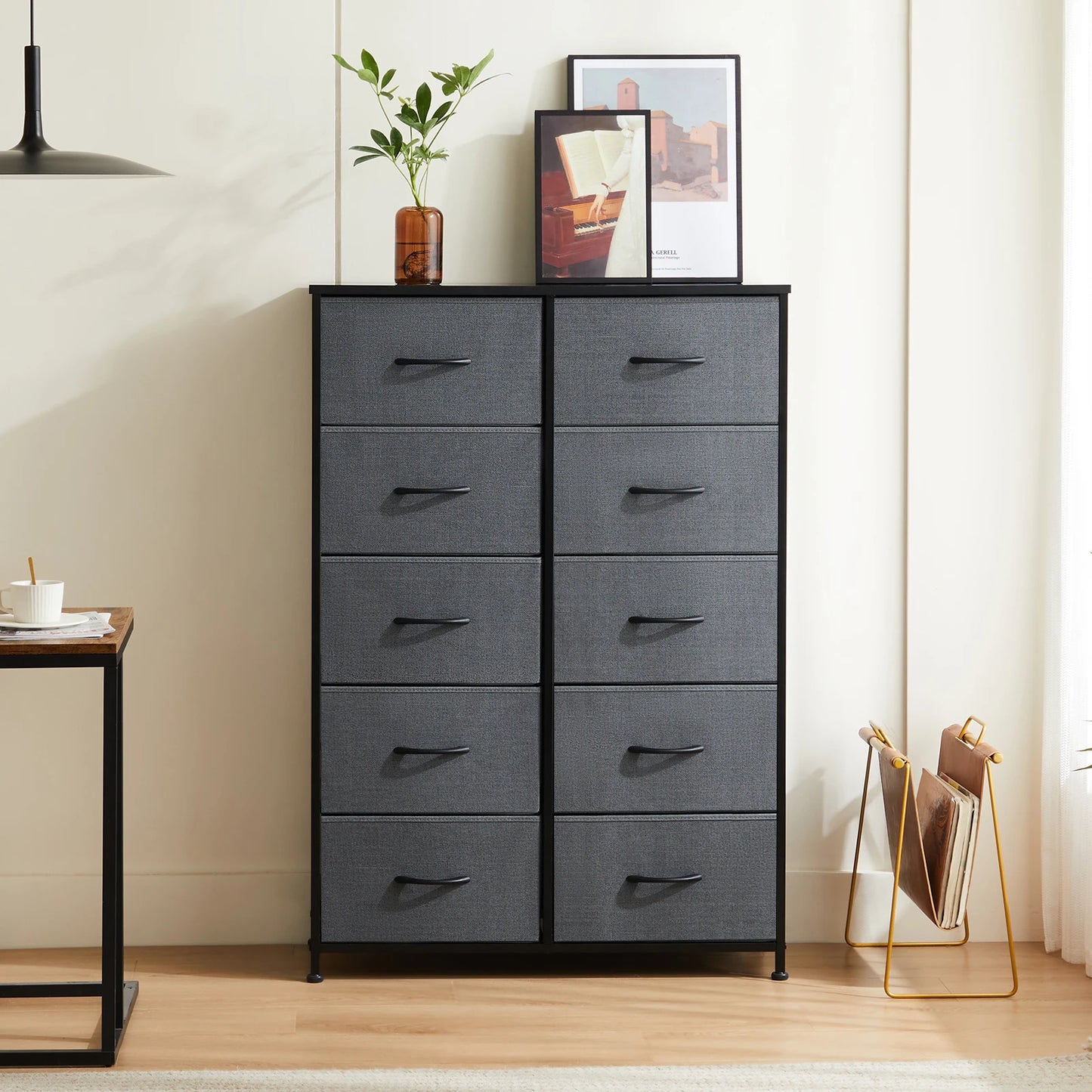 JHK Bedside Table For Bedroom With 10 Fabric Drawers Nightstand Storage Cabinet With Steel Frame