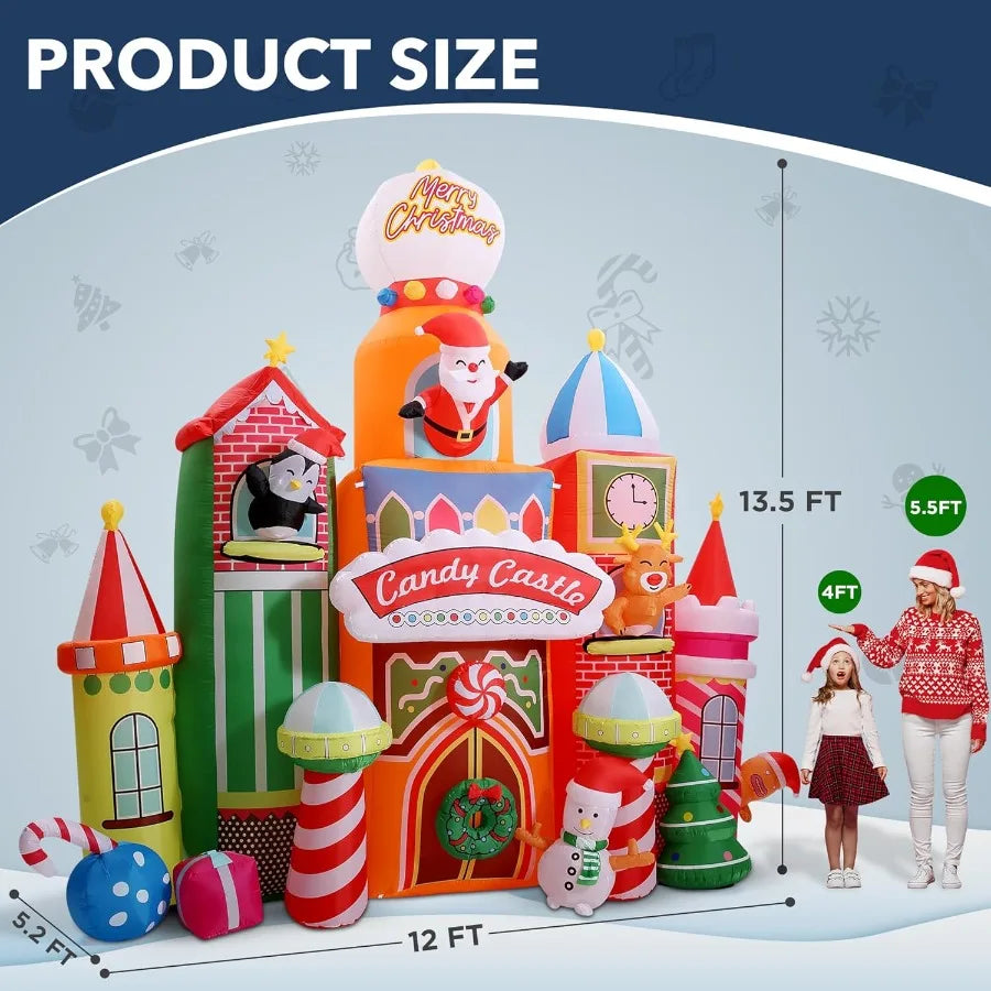 13.5 FT Tall Candy Castle Christmas Inflatables Outdoor Decorations with Built in Rotating Light