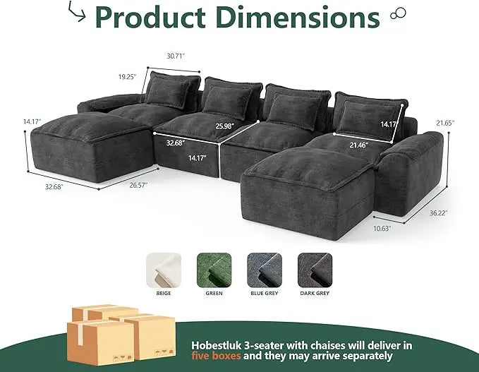 152" Cloud Modular Sectional – U-Shaped 4-Seater Couch with Ottomans, Deep Seat