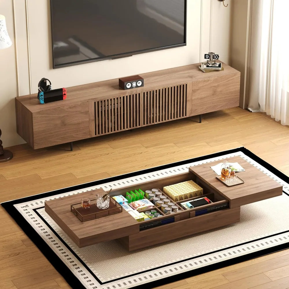 Mid-Century Modern TV Stand & Expandable Coffee Table Set, Walnut Finish, Stylish Storage Combo for Living Room or Bedroom (70.8