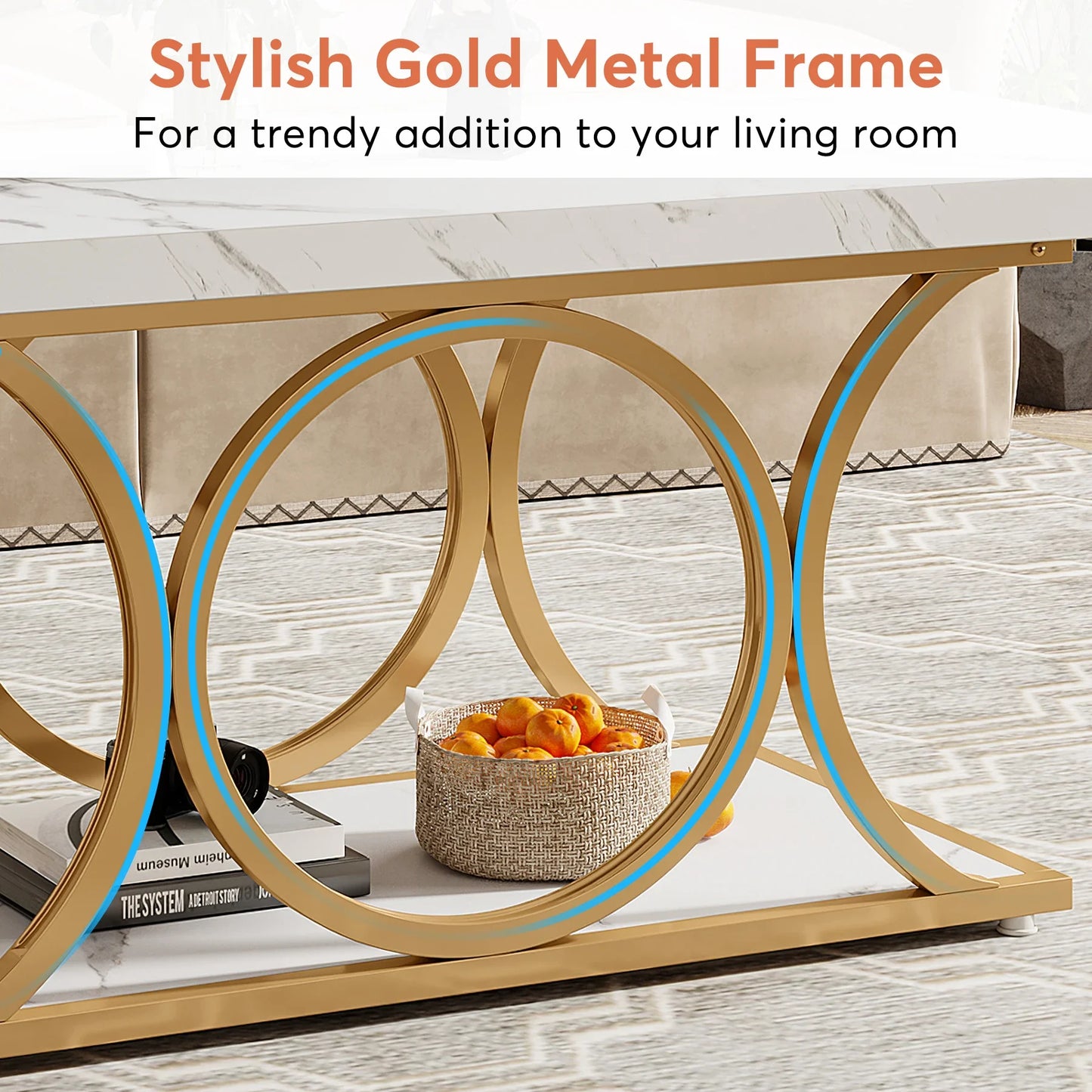 Tribesigns Rectangle Coffee Table 2 Tier Faux Marble Wood