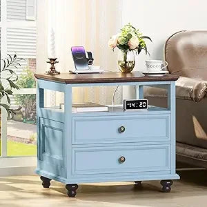 Farmhouse Nightstand with Charging Station, 24 Wide End Table with 2 Drawers, Natural dresser