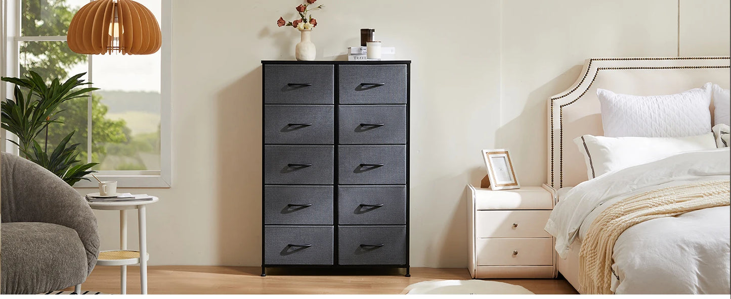 JHK Bedside Table For Bedroom With 10 Fabric Drawers Nightstand Storage Cabinet With Steel Frame