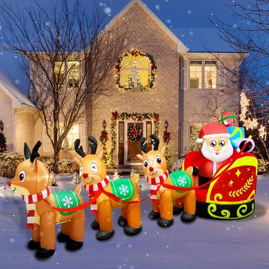 Giant Inflatable Outdoor Decoration Santa Claus on Sleigh with 3 Reindeer Builtin LED Light for Lawn Party Holiday Christmas De