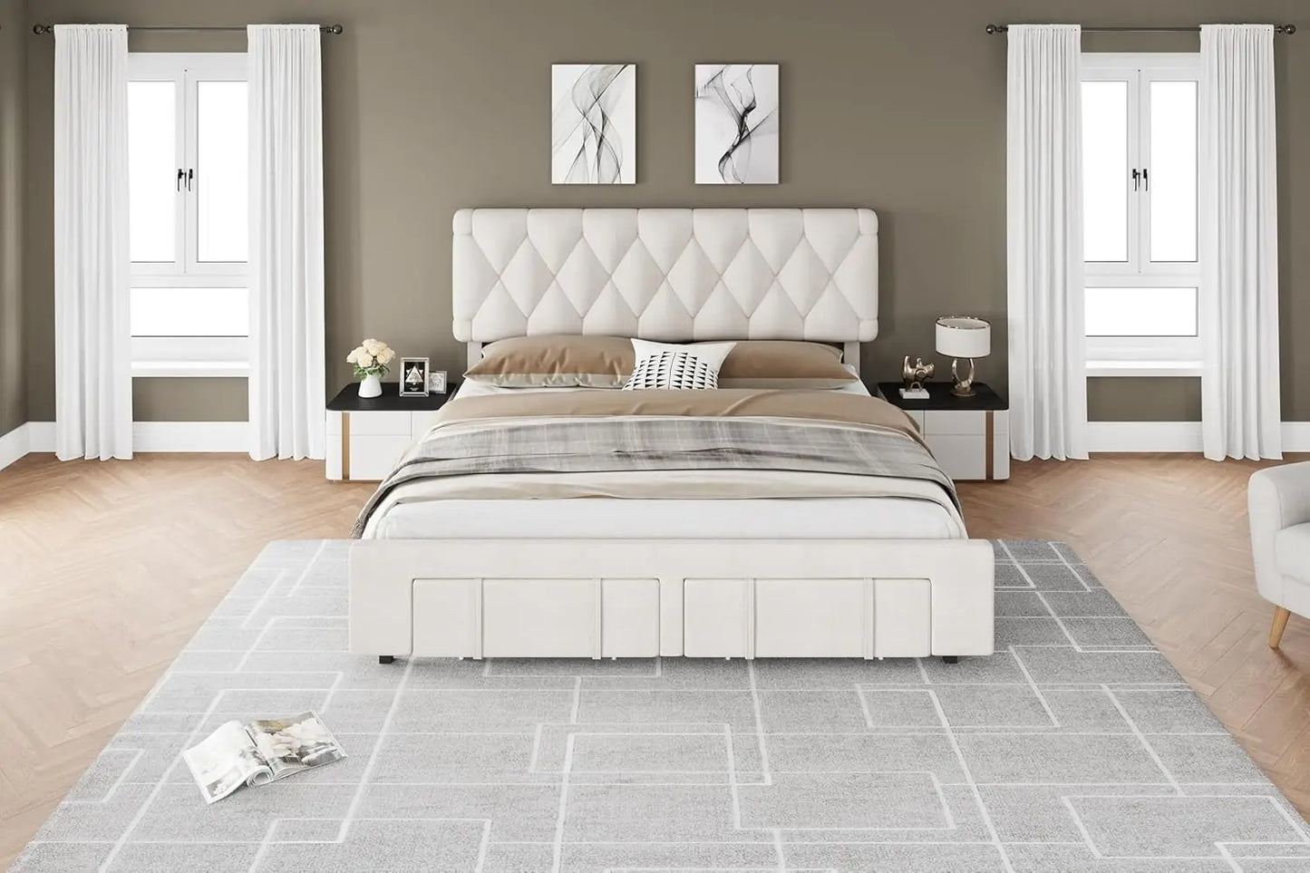 Bed Frame Storage Drawers, Mattress Foundation with Solid Wooden Slats Support, No Box Spring Needed