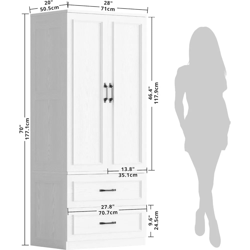 White Wooden Armoire Wardrobe With 2 Doors And 2 Drawers