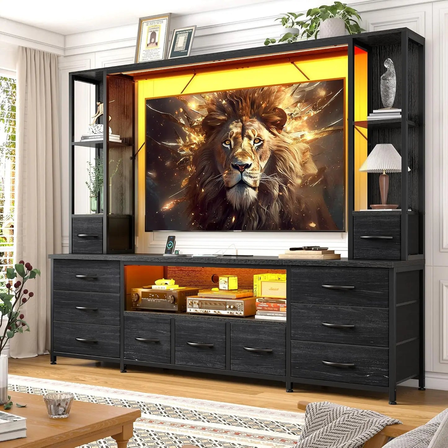 78.6" TV Stand for Living Room, Large Entertainment Center with 11 Fabric Drawers, 2 LED Lights & Power Outlets, Modern
