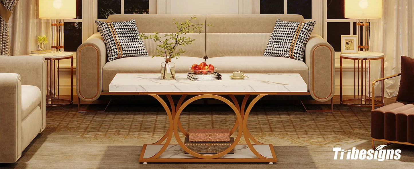 Tribesigns Rectangle Coffee Table 2 Tier Faux Marble Wood