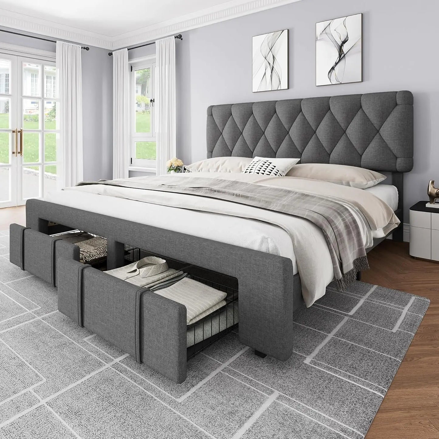 Bed Frame Storage Drawers, Mattress Foundation with Solid Wooden Slats Support, No Box Spring Needed
