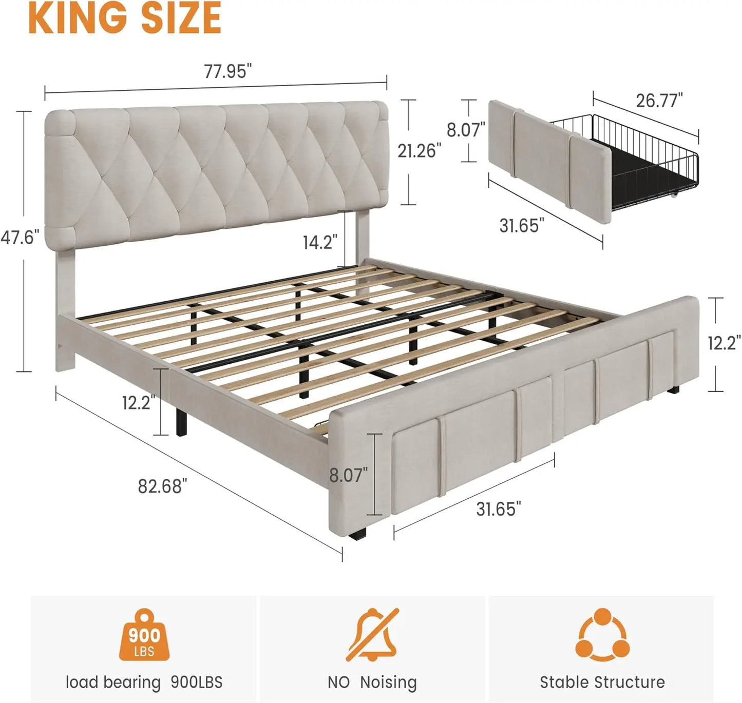 Bed Frame Storage Drawers, Mattress Foundation with Solid Wooden Slats Support, No Box Spring Needed