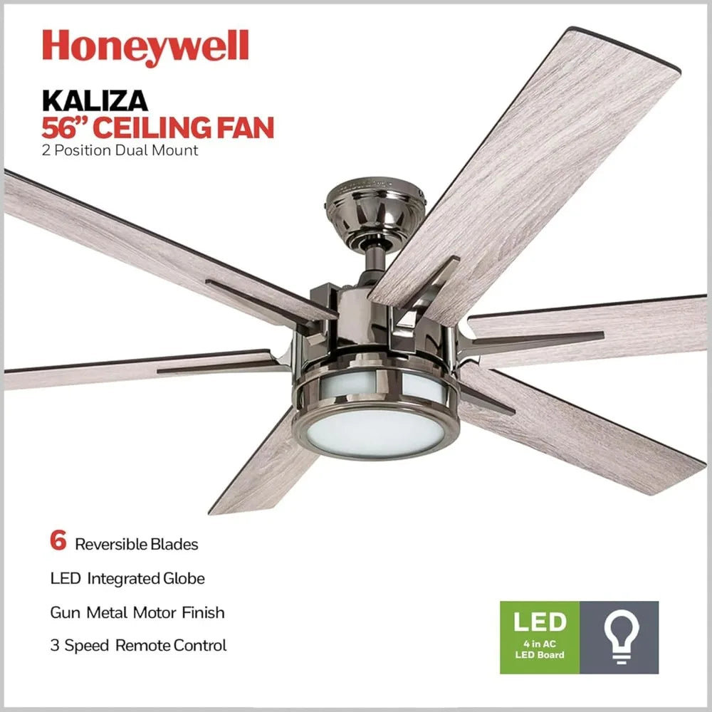 Kaliza Modern 56" Ceiling Fan with Light, Remote Control, LED, 6 Blades, Black Pine & Pewter Finish