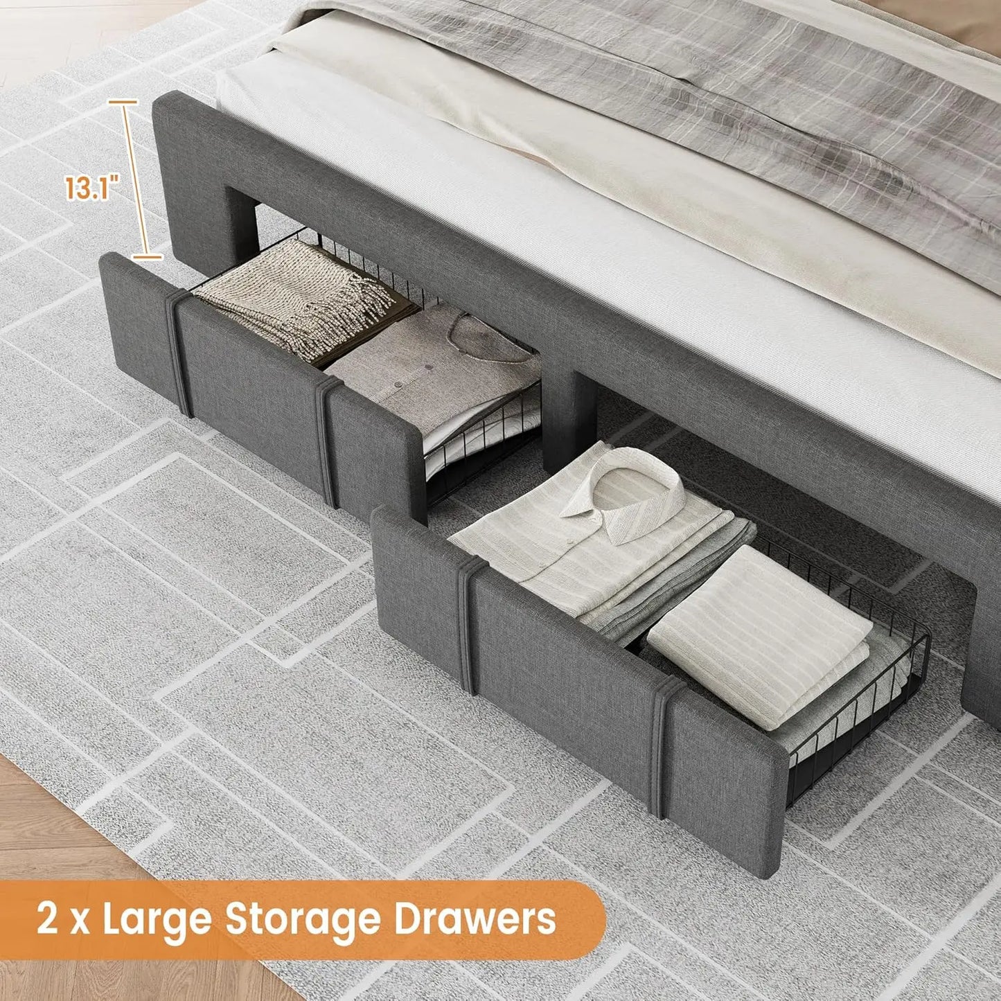Bed Frame Storage Drawers, Mattress Foundation with Solid Wooden Slats Support, No Box Spring Needed