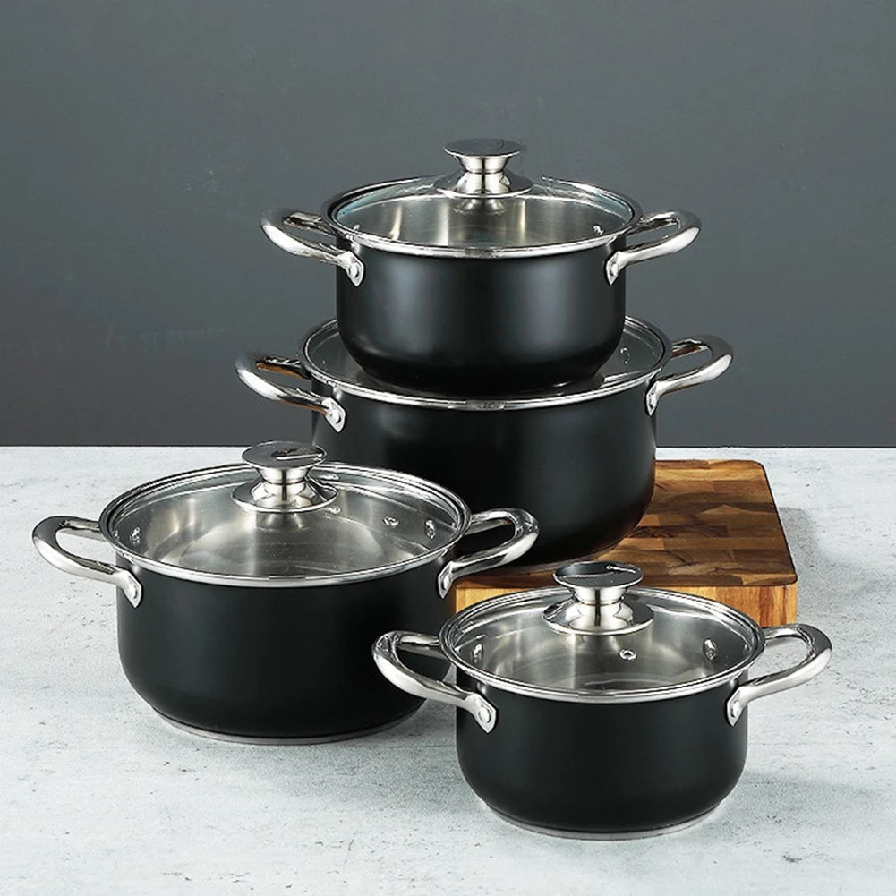 8Pcs Household Pot Set with Glass Lid Stainless Steel Cookware Set Leak Proof Universal Cooking Pot Combination