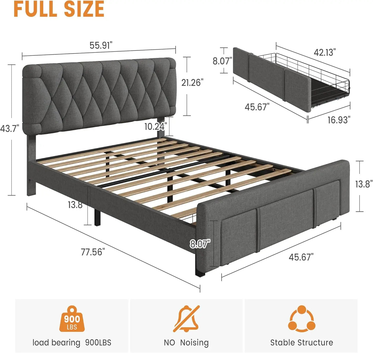 Bed Frame Storage Drawers, Mattress Foundation with Solid Wooden Slats Support, No Box Spring Needed