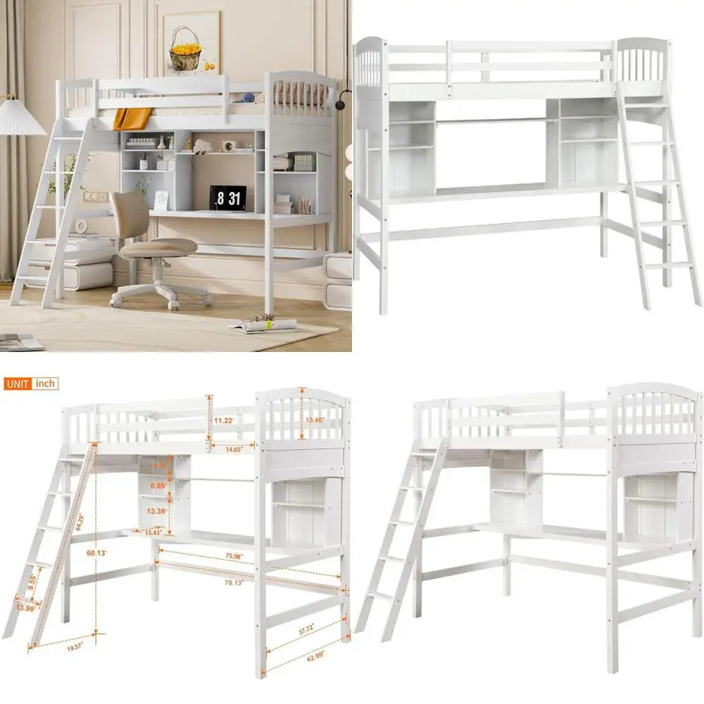 white twin size solid wood loft bed with desk and shelves - bedroom furniture by harper & bright designs