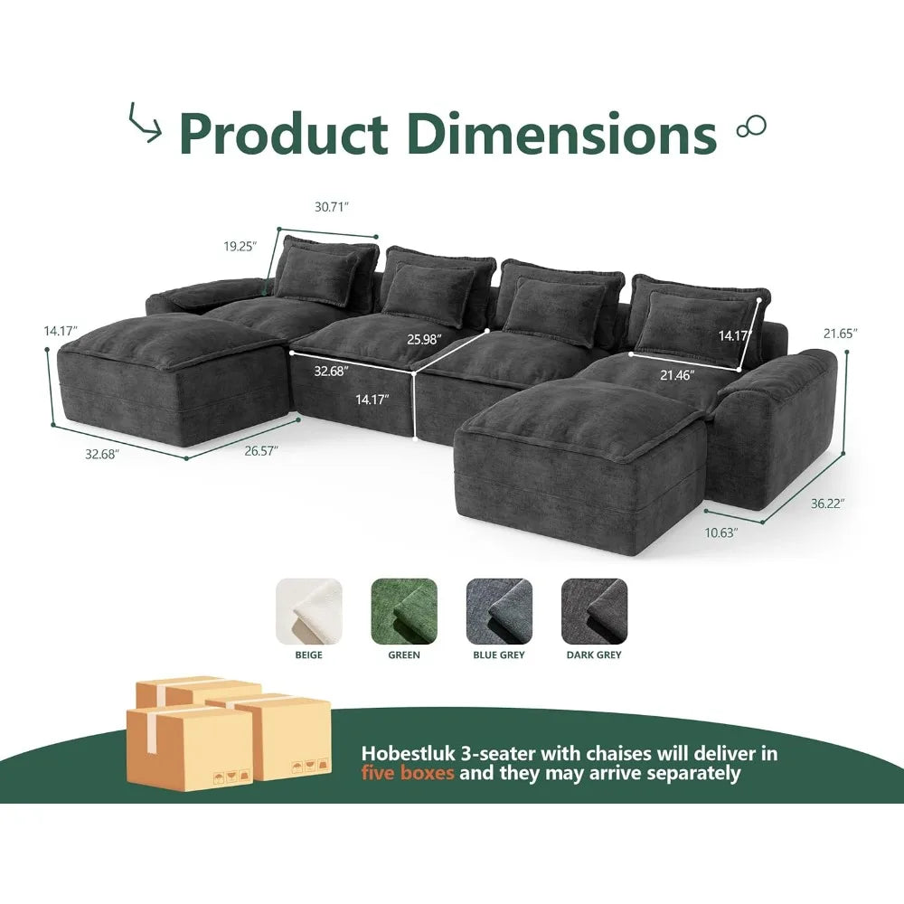 152" Cloud Modular Sectional – U-Shaped 4-Seater Couch with Ottomans, Deep Seat
