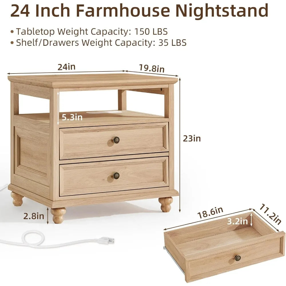 Farmhouse Nightstand with Charging Station, 24 Wide End Table with 2 Drawers, Natural dresser