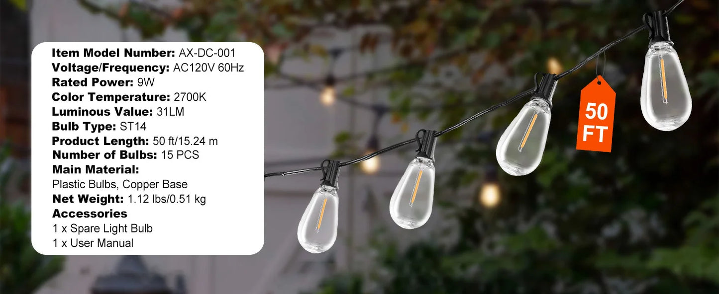 SucceBuy LED Outdoor String Lights 2700K Dimmable Outside Patio Waterproof Hanging Lights for Porch Backyard Garden Balcony